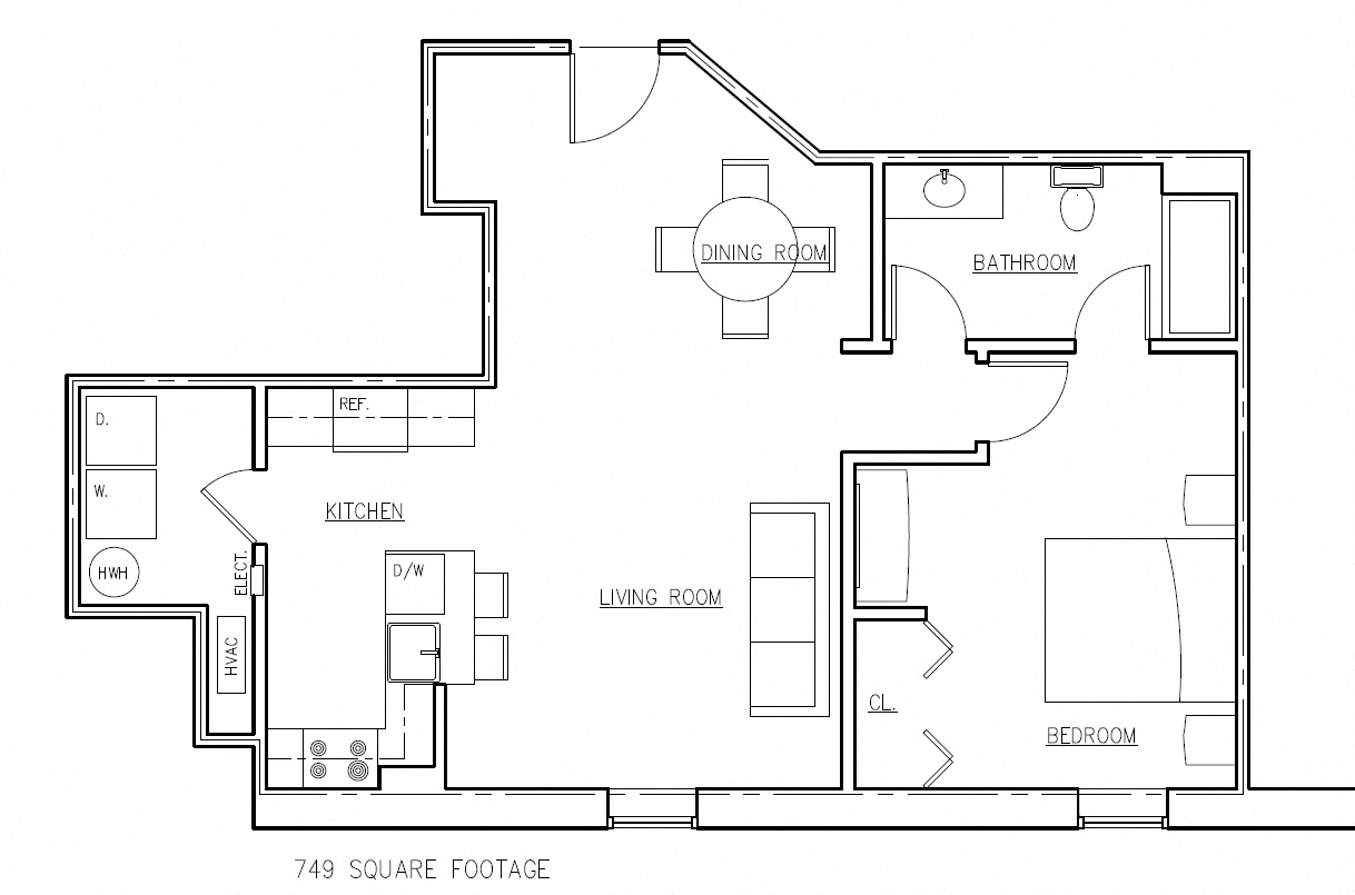 Floor plan for 1 bed, 1 bath, 749 sqft